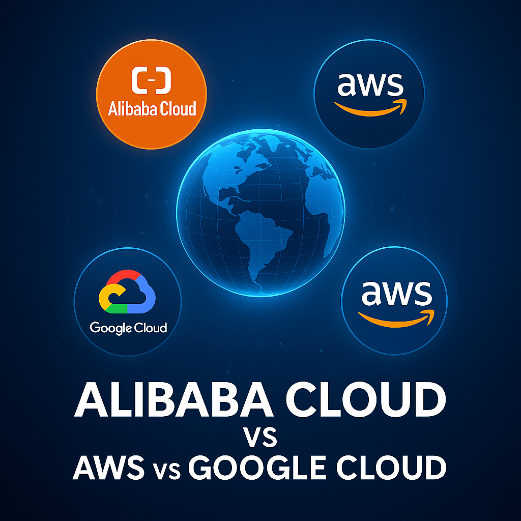 阿里云国际、AWS 与 GCP 云服务性能对比封面图,展示三大云平台标志与地球网络节点