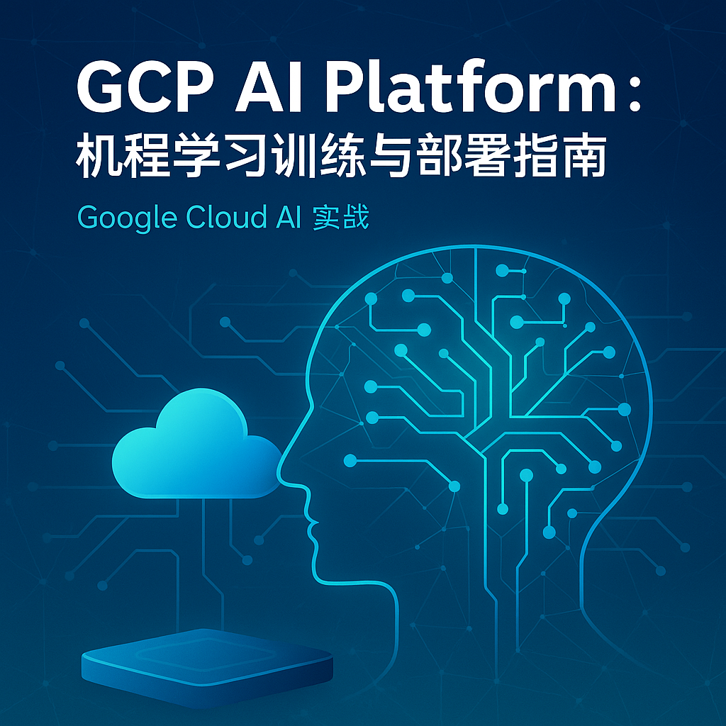 GCP AI Platform 封面图，展示云端机器学习训练与部署流程，包含AI神经网络与云计算元素