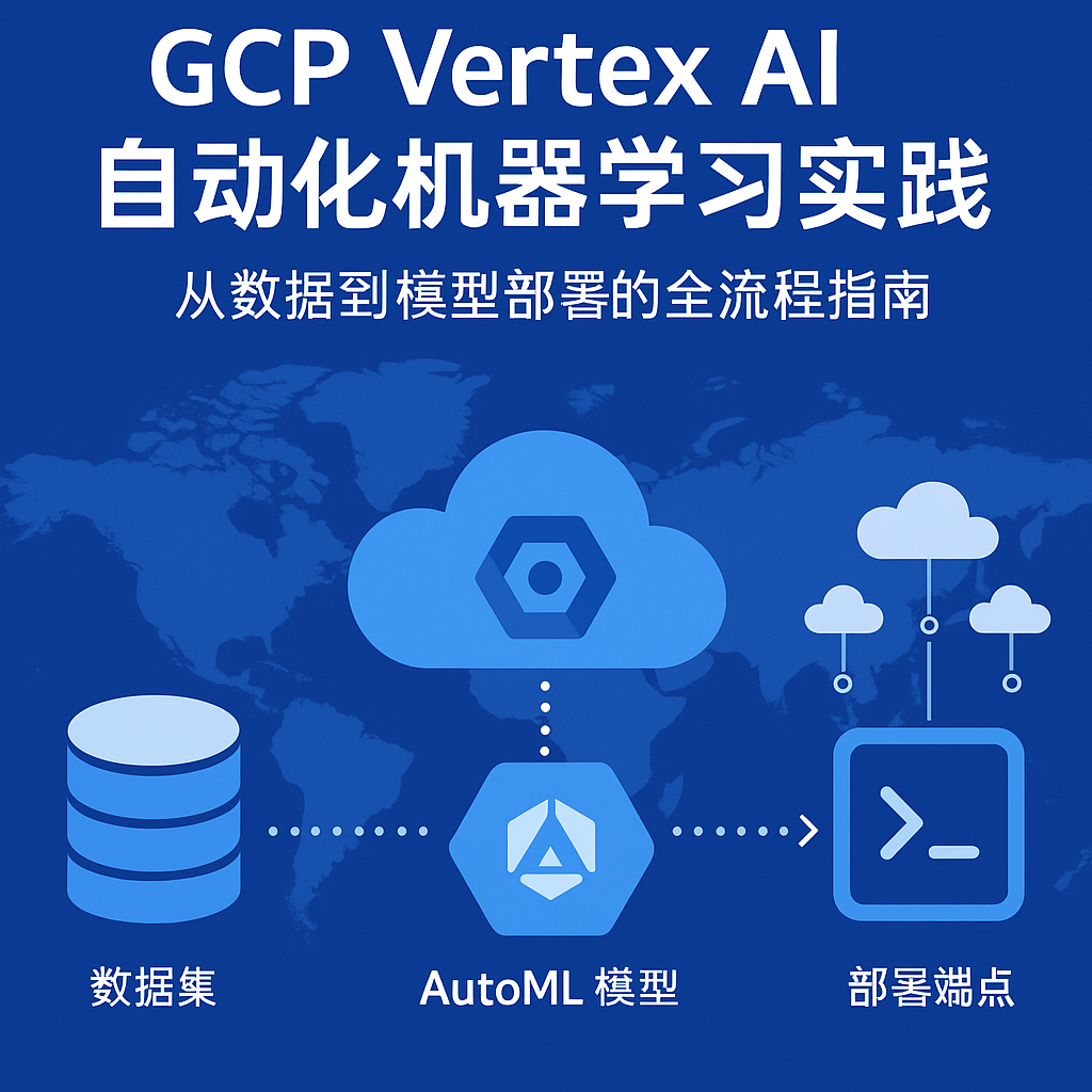 GCP Vertex AI 自动化机器学习实践封面图，展示数据集、AutoML 模型与部署端点流程图，背景为全球地图。