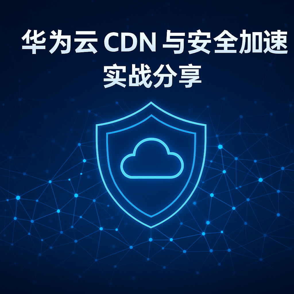 华为云 CDN 与安全加速实战分享封面图,展示全球网络节点与安全盾牌图标,代表企业网站加速与防护体系