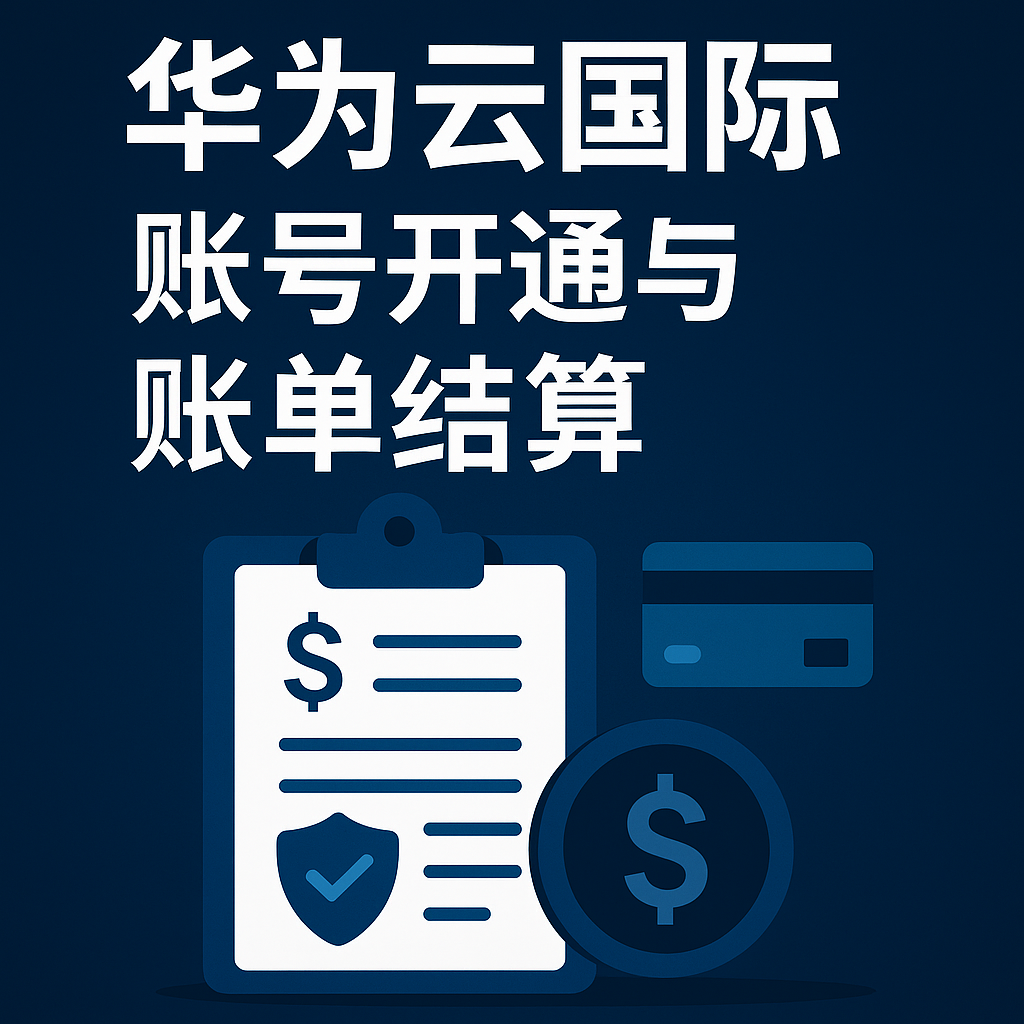 华为云国际账号开通与账单结算封面图,展示账单、安全盾牌与信用卡元素,体现安全结算主题