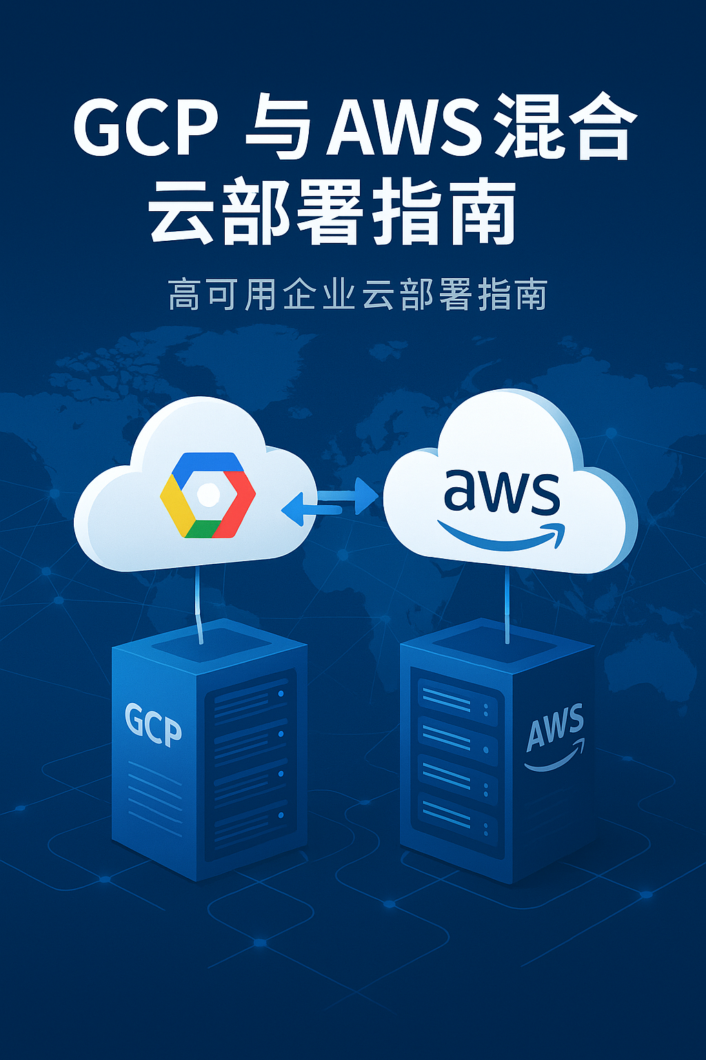 GCP 与 AWS 混合云部署指南封面图,展示双云互联与全球网络架构。