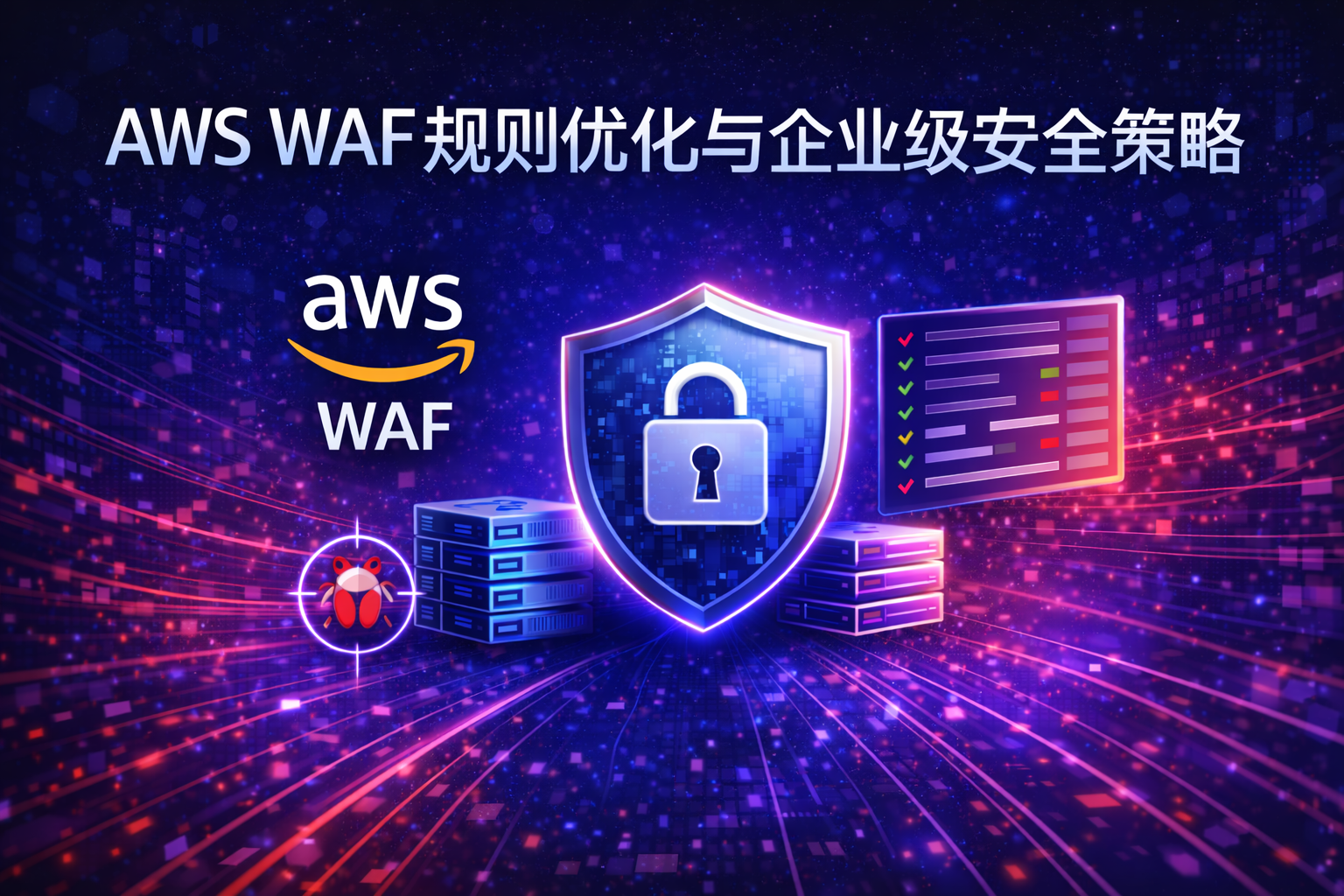 AWS WAF 规则优化与企业级安全策略封面图，展示 AWS Web 应用防火墙在企业级 Web 安全防护、攻击拦截与规则治理场景中的应用