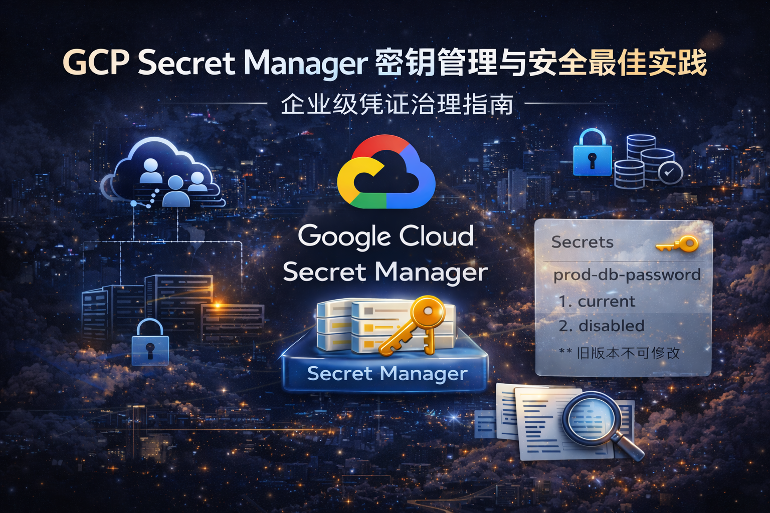 GCP Secret Manager 密钥管理与安全最佳实践封面图,深色科技风视觉设计,用于展示 Google Cloud 密钥管理与云安全最佳实践主题