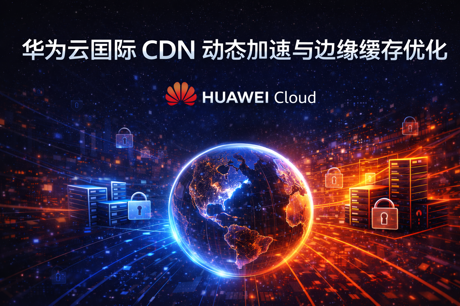 华为云国际 CDN 动态加速与边缘缓存优化封面图,展示 Huawei Cloud CDN 在全球内容分发、动态请求加速与边缘缓存优化场景下的深色科技视觉主题