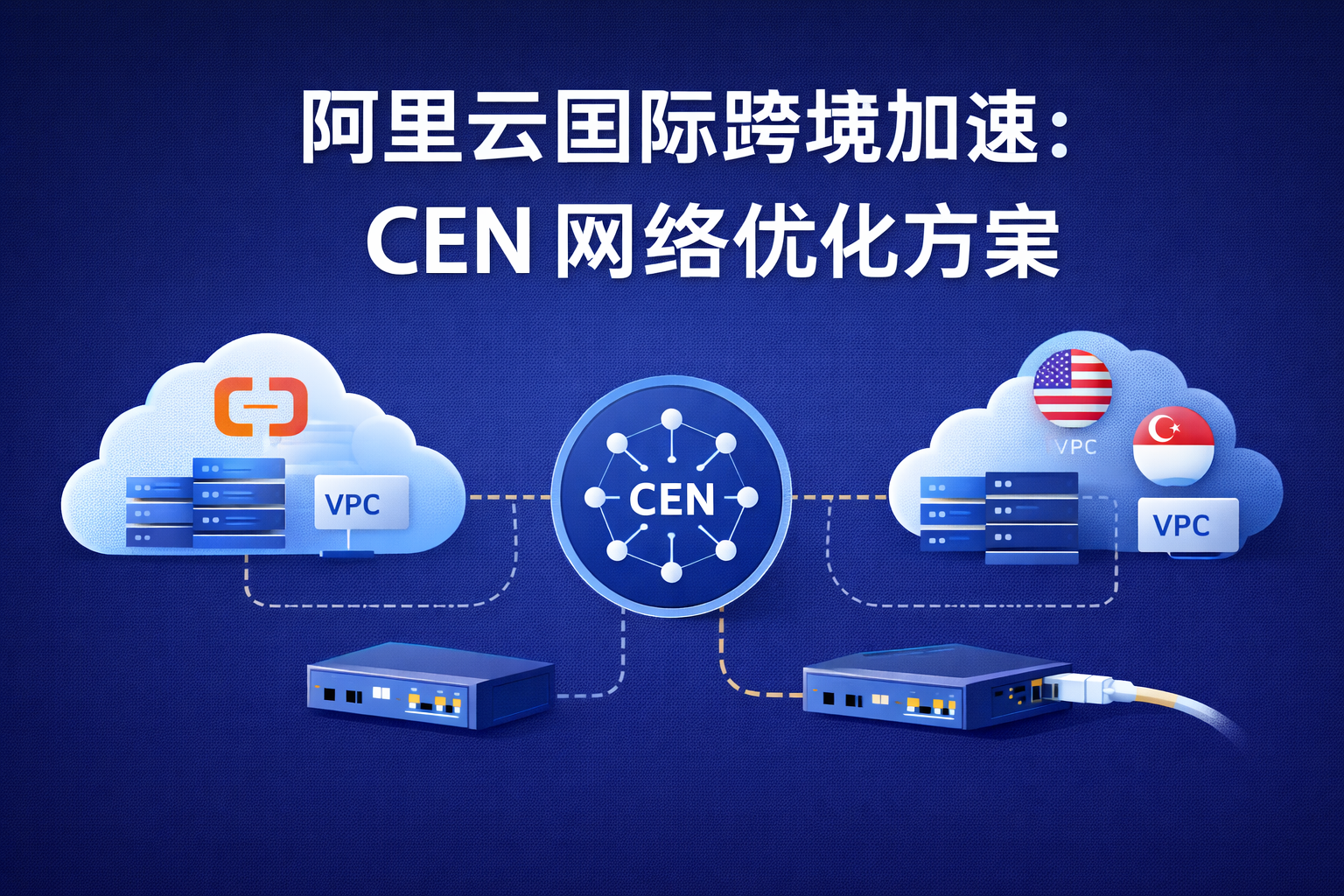 阿里云 CEN 网络优化封面图，展示通过阿里云云企业网实现多地域 VPC 跨区域互联与企业级网络架构优化方案