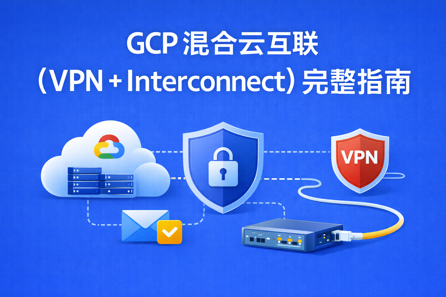GCP 混合云互联封面图，展示通过 Cloud VPN 与 Cloud Interconnect 实现本地数据中心与 Google Cloud VPC 网络互联的企业级架构方案
