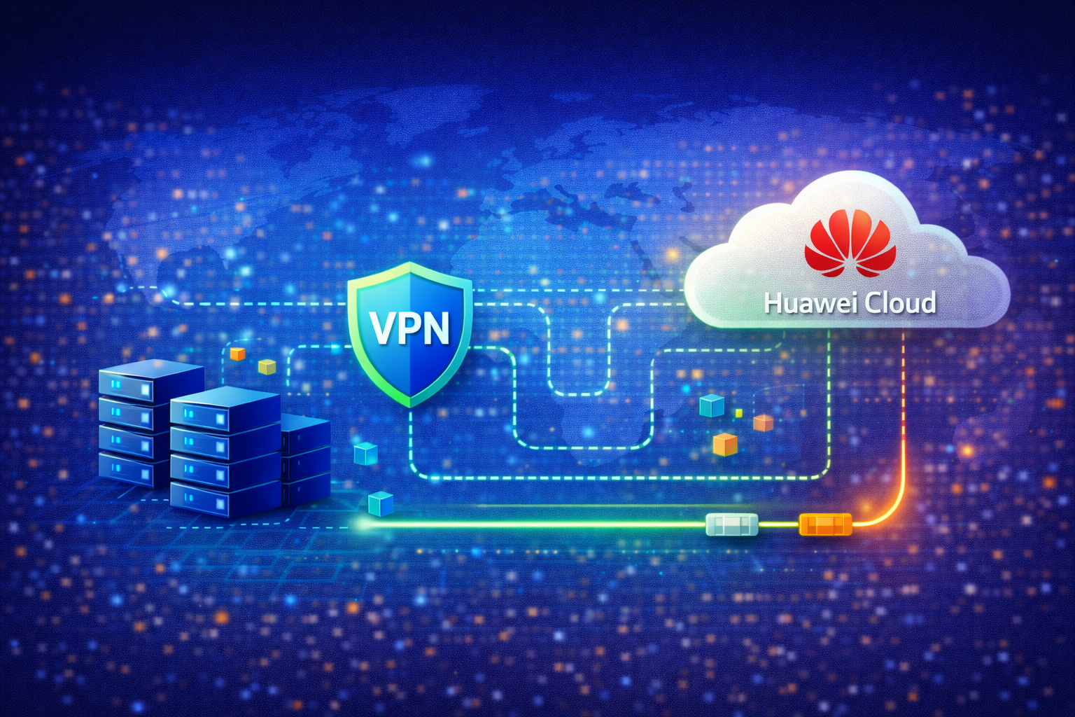 华为云国际 VPN 与 Direct Connect 混合专线封面图，展示企业通过公网 VPN 与专线方式实现本地数据中心与华为云 VPC 稳定互联的混合云网络架构