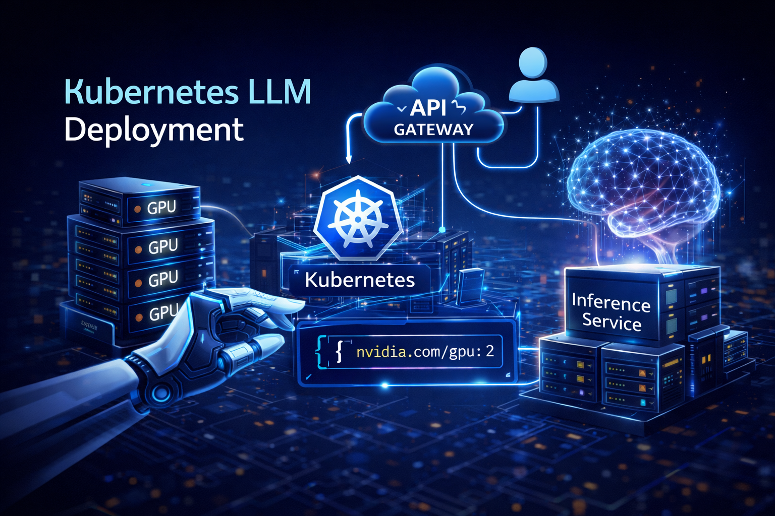Kubernetes 部署大模型架构图，包含 GPU 节点、API Gateway 与 AI 推理服务流程