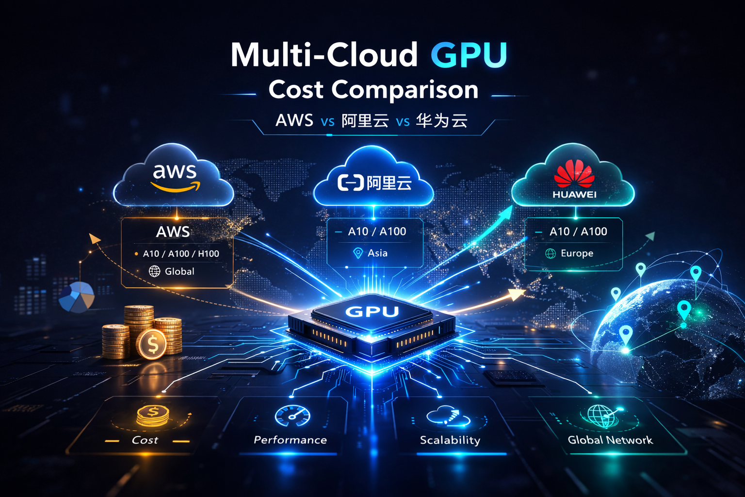 AWS 阿里云 华为云 GPU 成本对比图，企业 AI 推理服务器选型参考