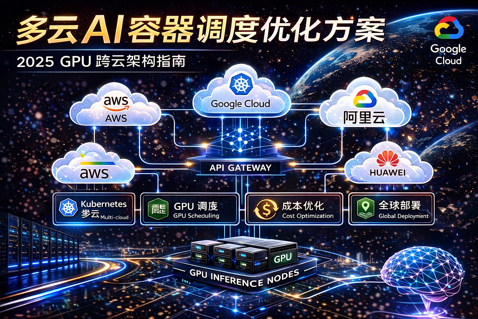 多云 AI 容器调度架构图,包含 AWS GCP 阿里云 华为云 GPU 推理与 Kubernetes 多云部署方案