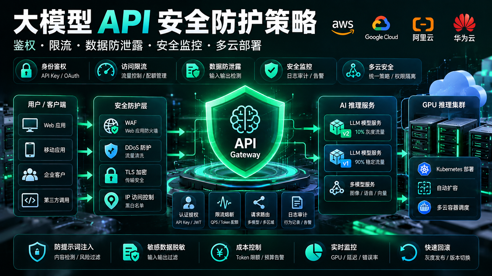 大模型 API 安全防护架构图，展示 API Gateway 身份鉴权、访问限流、数据泄露防护及 GPU 推理服务安全架构